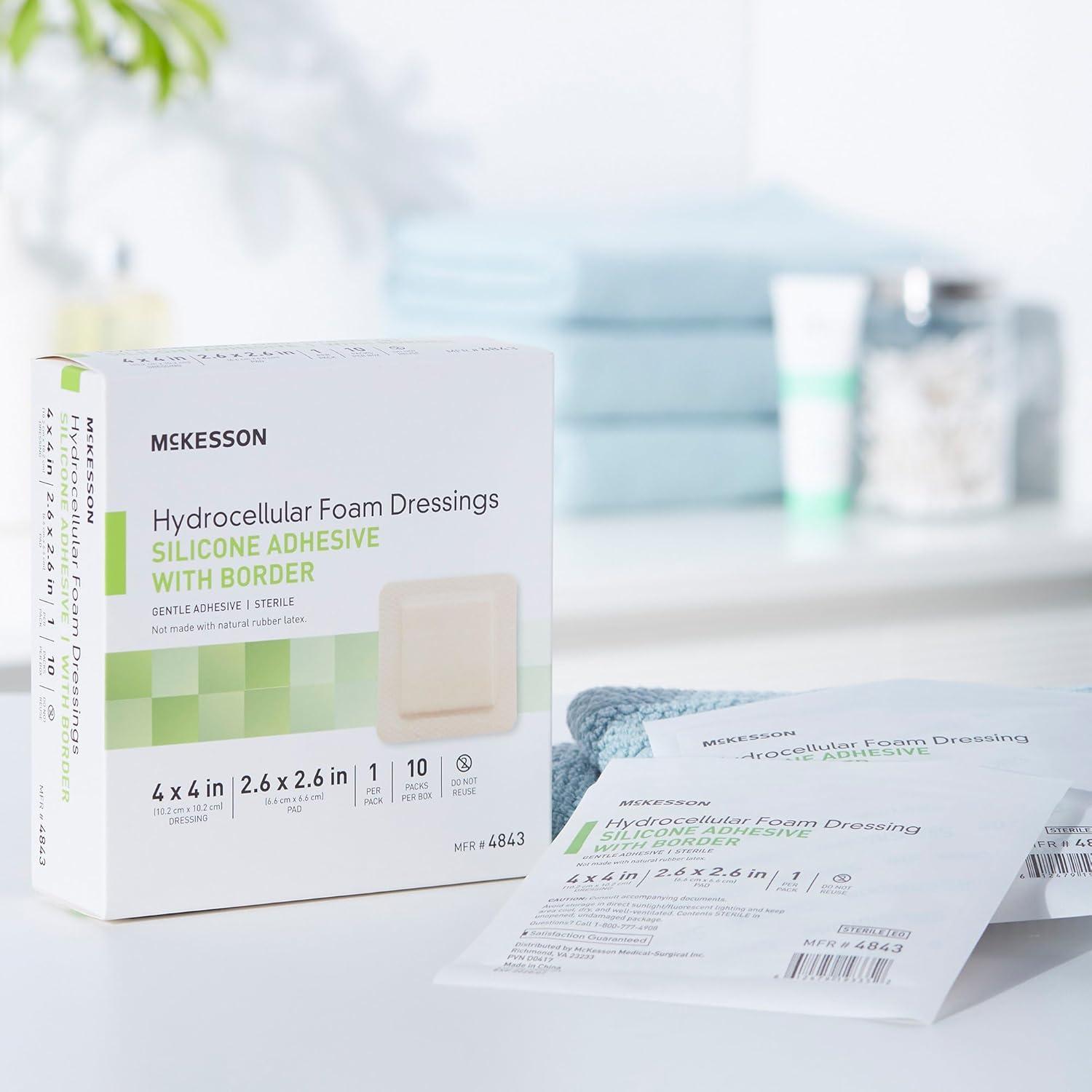 image:imageMcKesson Hydrocellular Foam Dressings Sterile Silicone Adhesive with Border Dimension 4 in x 4 in Pad 3 in x 3 in 10 Count 20 Packs 200 Total