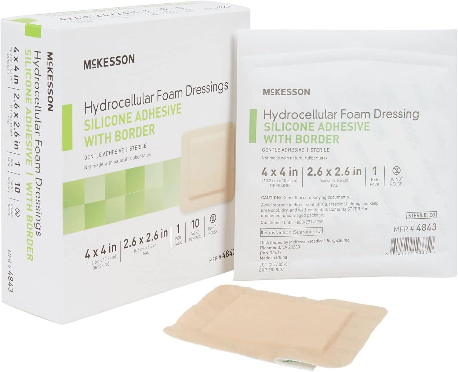 image:imageMcKesson Hydrocellular Foam Dressings Sterile Silicone Adhesive with Border Dimension 4 in x 4 in Pad 3 in x 3 in 10 Count 20 Packs 200 Total