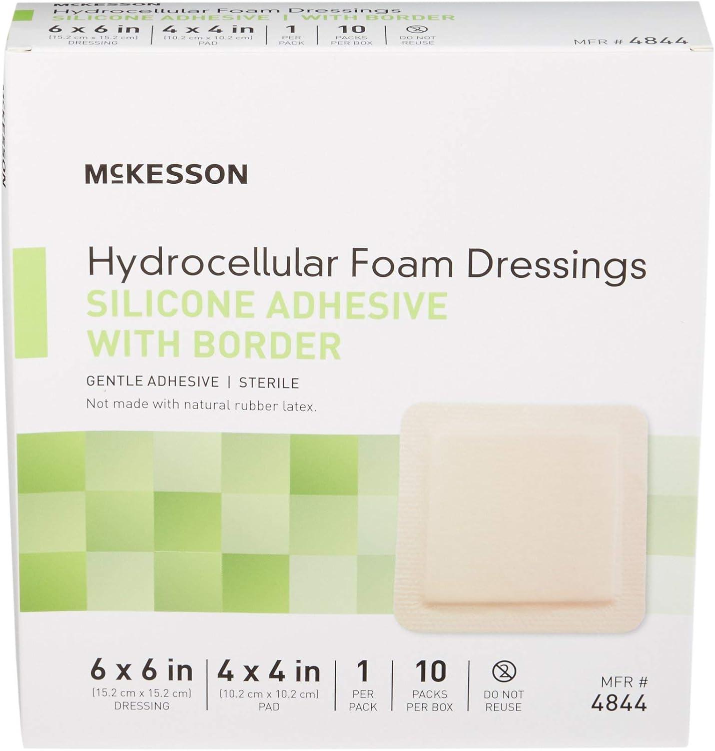 image:imageMcKesson Hydrocellular Foam Dressings Sterile Silicone Adhesive with Border Dimension 6 in x 6 in Pad 4 in x 4 in 10 Count 1 Pack