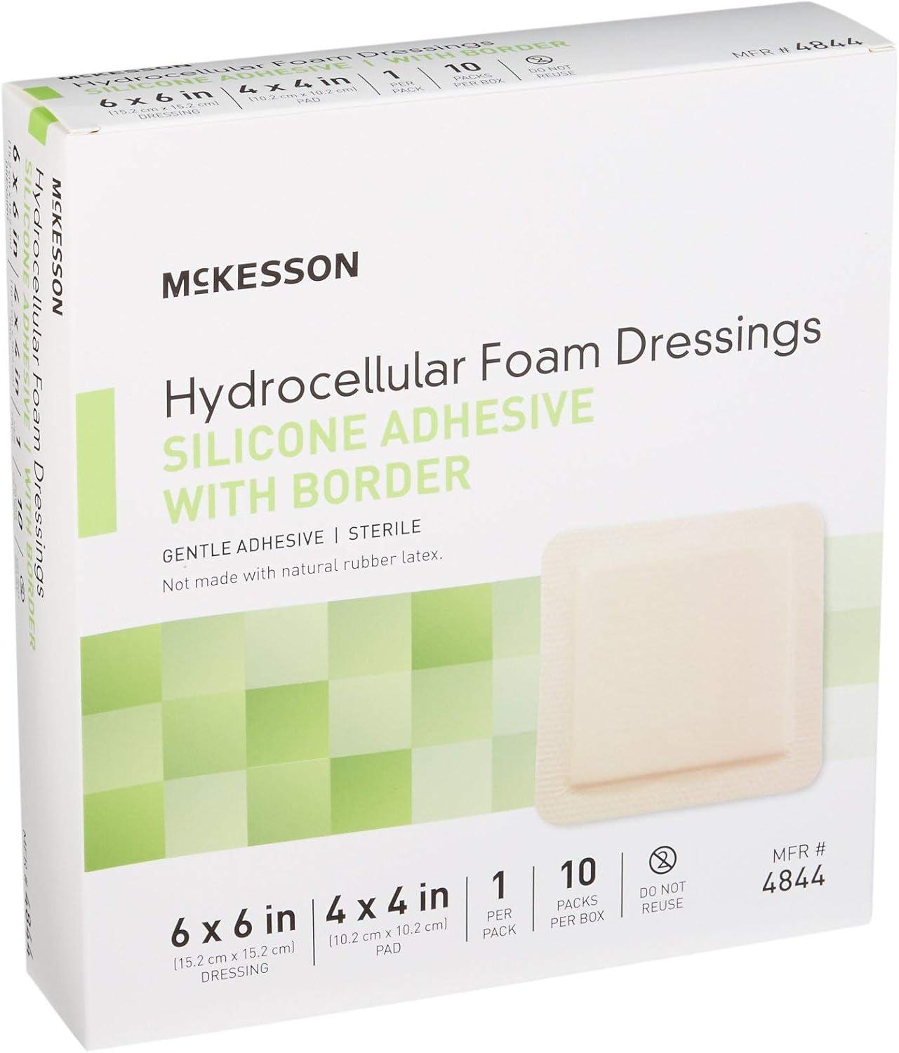 image:imageMcKesson Hydrocellular Foam Dressings Sterile Silicone Adhesive with Border Dimension 6 in x 6 in Pad 4 in x 4 in 10 Count 1 Pack
