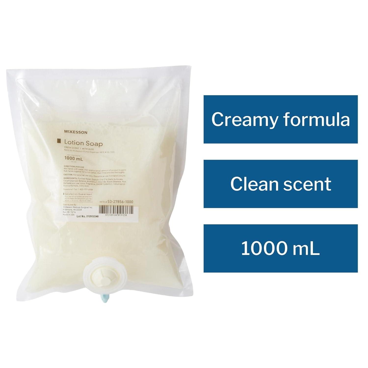 image:imageMcKesson Lotion Hand Soap with Aloe 1000 mL Refill Bag Pack of 1 Fresh Scent Keeps Hands Clean and Moisturized MedicalGrade Soap