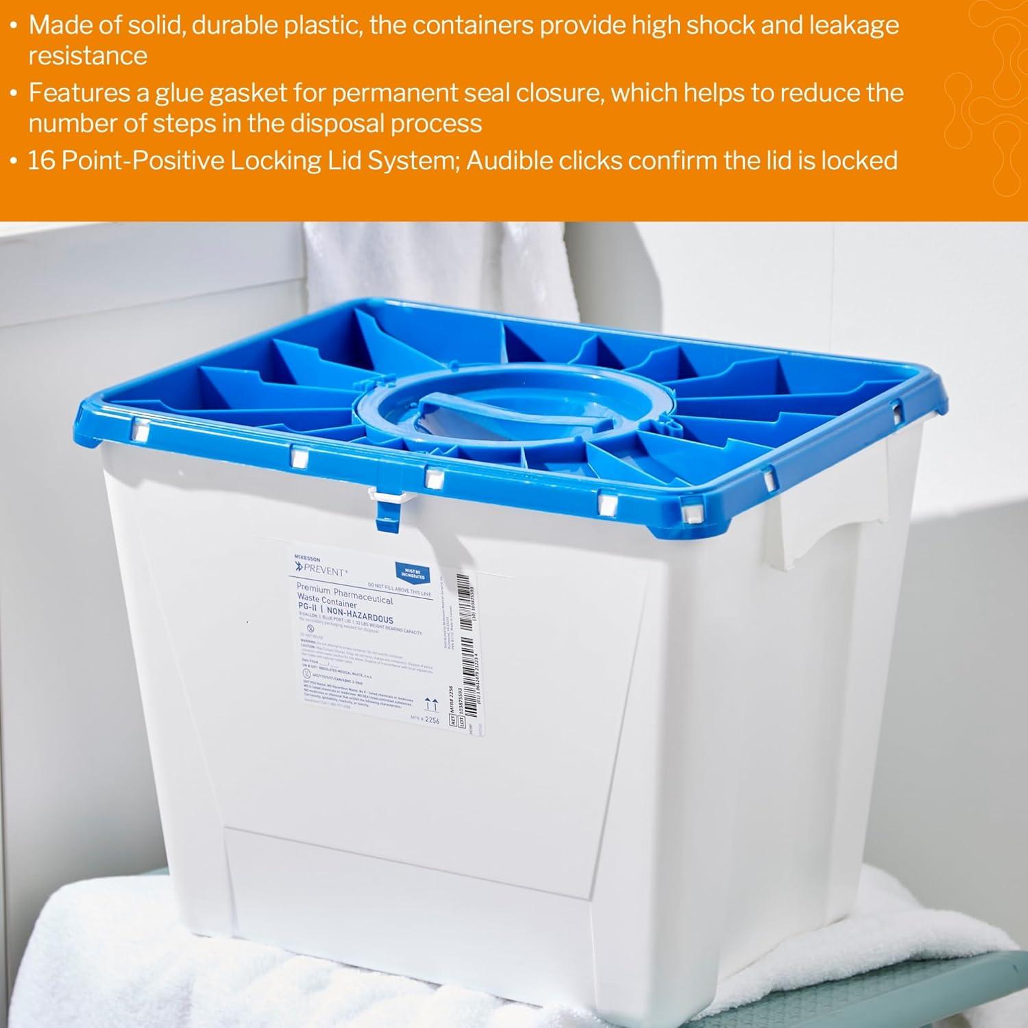 image:imageMcKesson Prevent Pharmaceutical Sharps Container Premium PGII NonHazardous Plastic Vertical Entry Rotating Lid 8 gal 13 in x 17 310 in x 13 12 in 9 Count