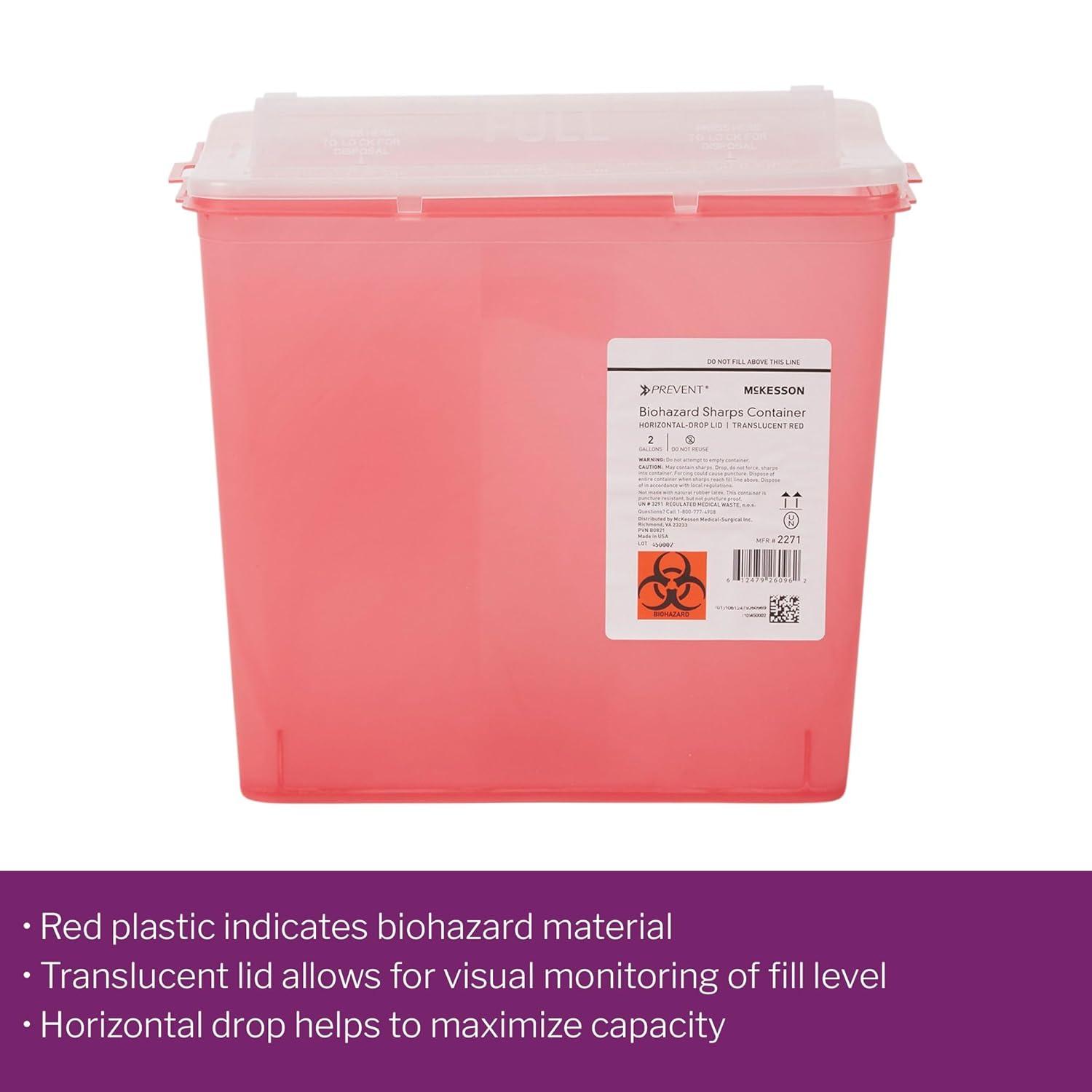 image:imageMcKesson Prevent Sharps Container for Home Use 2 Gallon for Biohazard Infectious Waste Needle and Syringe Disposal Translucent Touchless Lid Red 20 Count