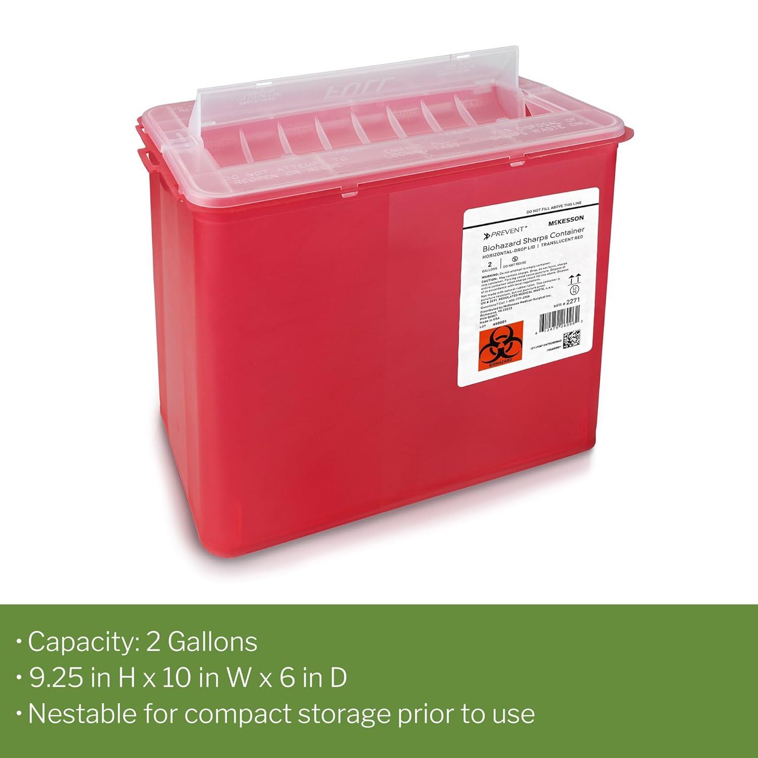 image:imageMcKesson Prevent Sharps Container for Home Use 2 Gallon for Biohazard Infectious Waste Needle and Syringe Disposal Translucent Touchless Lid Red 20 Count