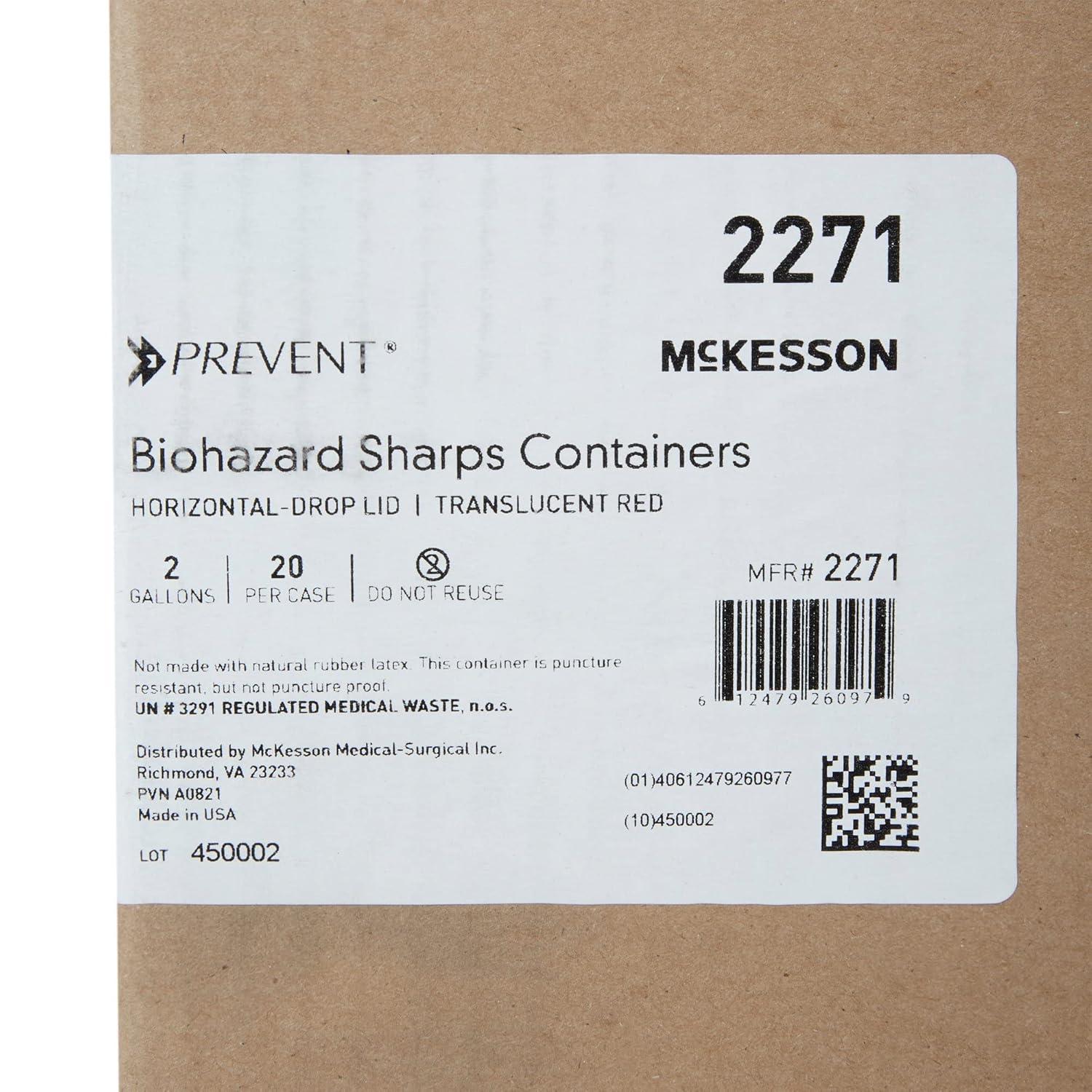 image:imageMcKesson Prevent Sharps Container for Home Use 2 Gallon for Biohazard Infectious Waste Needle and Syringe Disposal Translucent Touchless Lid Red 20 Count