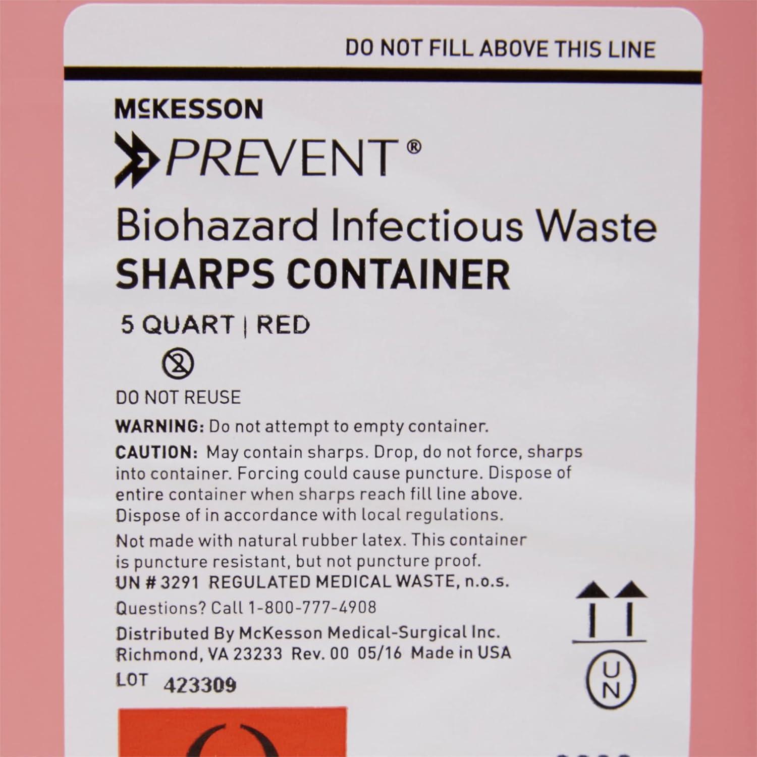 image:imageMcKesson Prevent Sharps Container for Home Use 5 Quart for Biohazard Infectious Waste Needle and Syringe Disposal Translucent Touchless Lid Red 1 Count