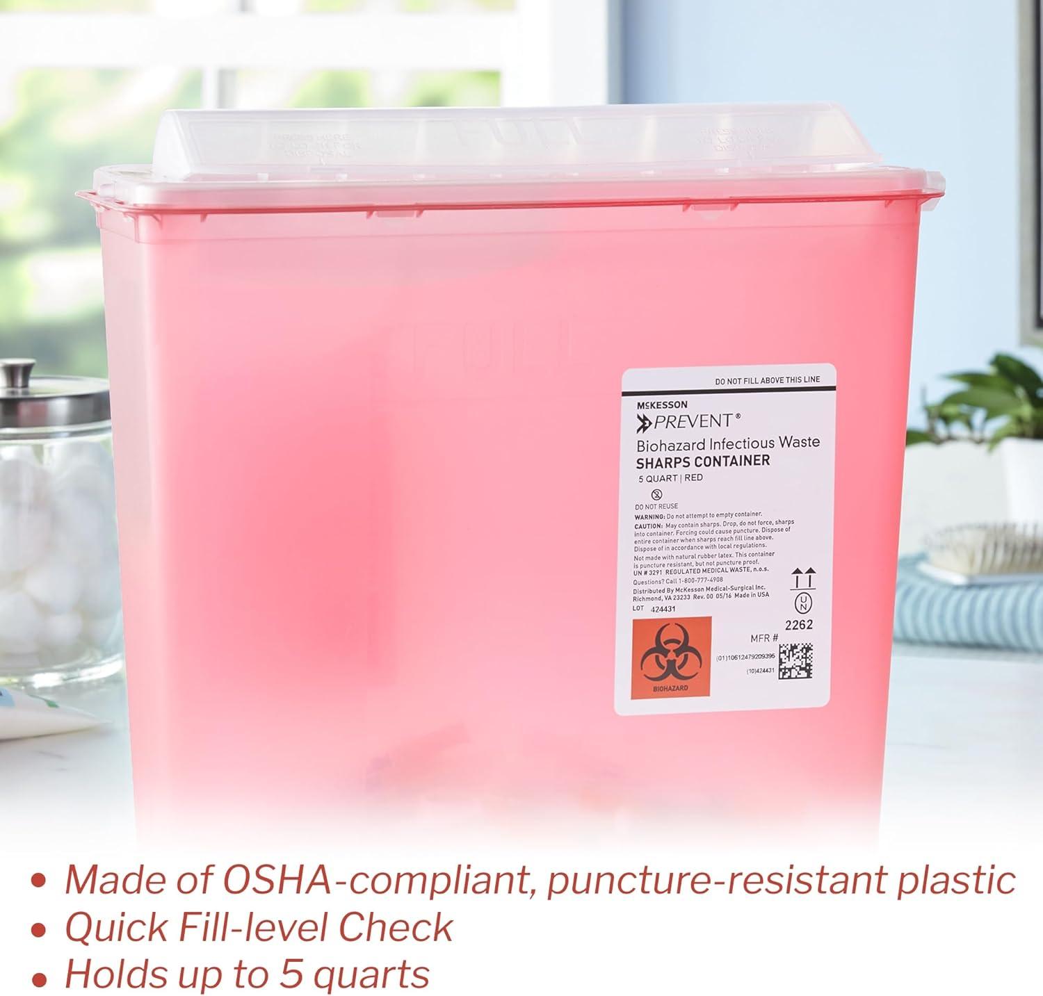image:imageMcKesson Prevent Sharps Container for Home Use 5 Quart for Biohazard Infectious Waste Needle and Syringe Disposal Translucent Touchless Lid Red 1 Count