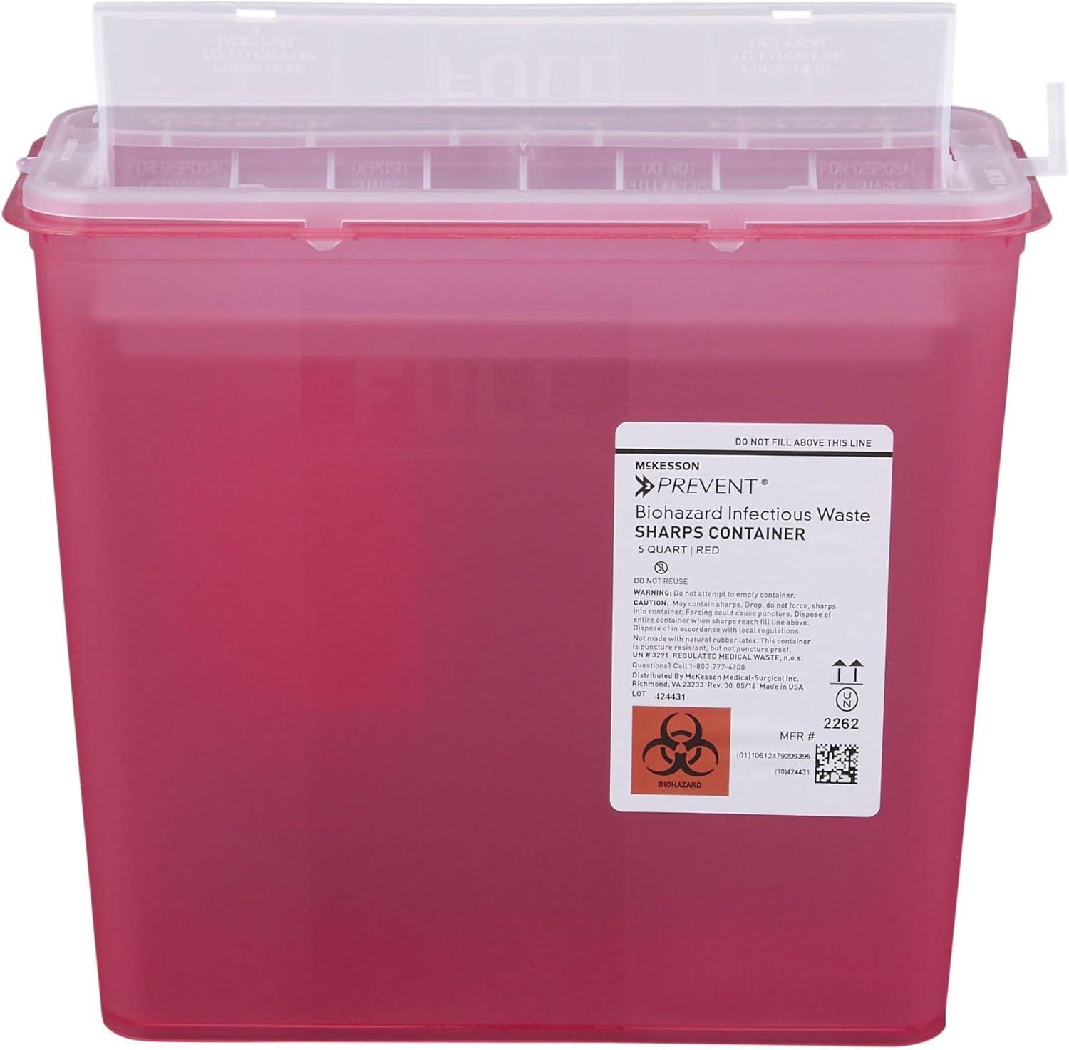 image:imageMcKesson Prevent Sharps Container for Home Use 5 Quart for Biohazard Infectious Waste Needle and Syringe Disposal Translucent Touchless Lid Red 1 Count