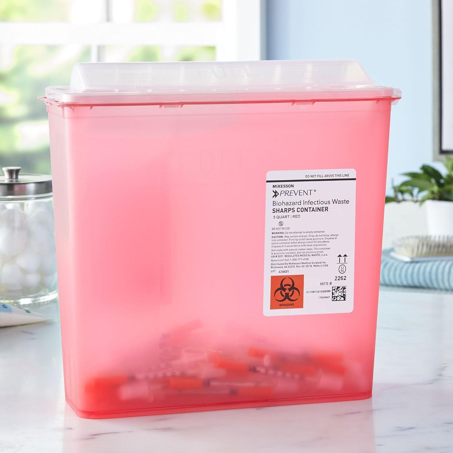 image:imageMcKesson Prevent Sharps Container for Home Use 5 Quart for Biohazard Infectious Waste Needle and Syringe Disposal Translucent Touchless Lid Red 20 Count