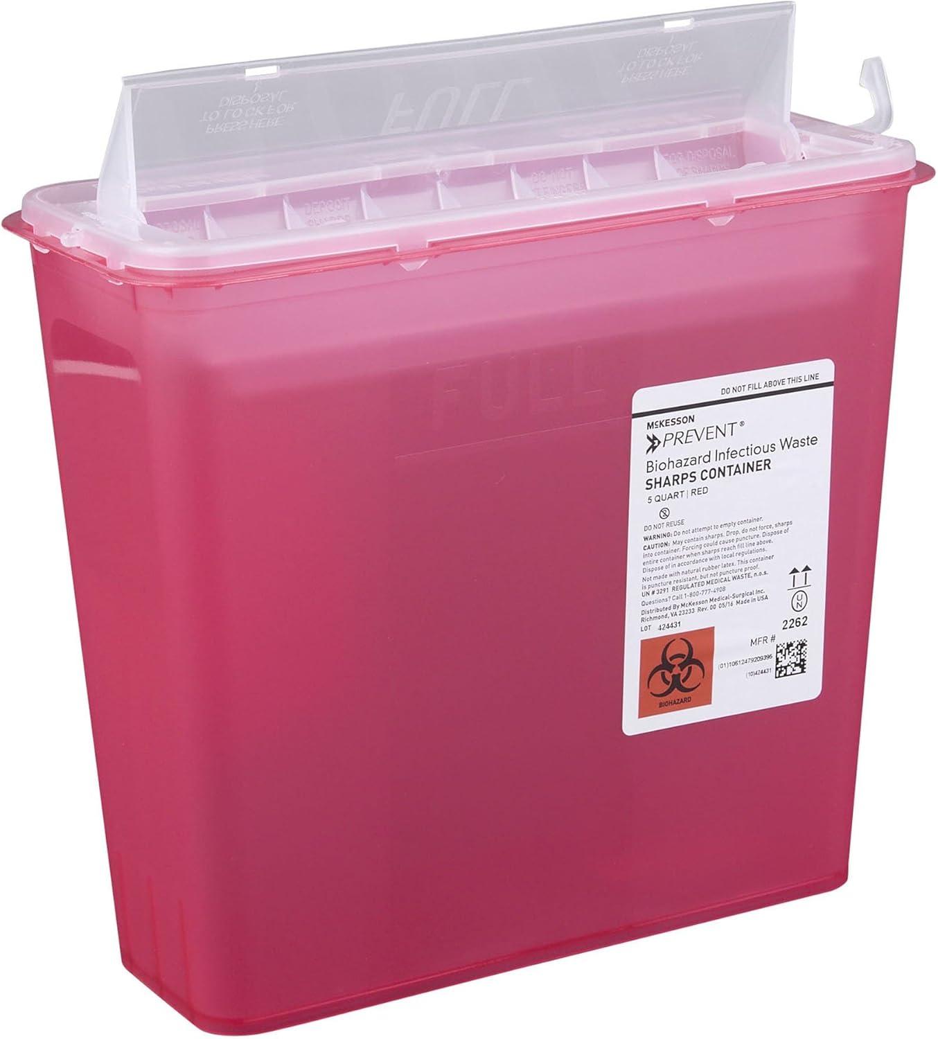 image:imageMcKesson Prevent Sharps Container for Home Use 5 Quart for Biohazard Infectious Waste Needle and Syringe Disposal Translucent Touchless Lid Red 20 Count