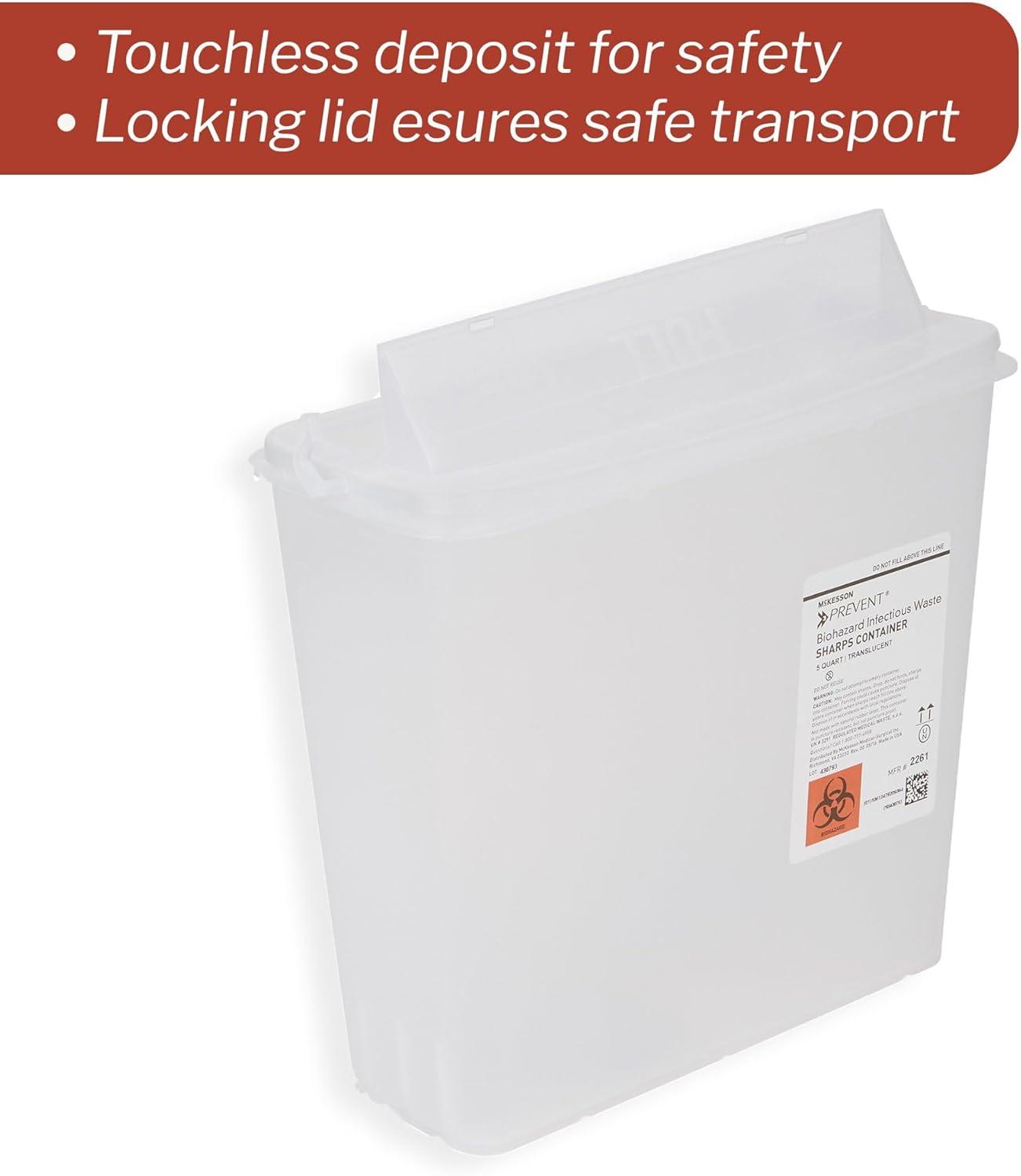 image:imageMcKesson Prevent Sharps Container for Home Use 5 Quart for Biohazard Infectious Waste Needle and Syringe Disposal Translucent Touchless Lid White 1 Count