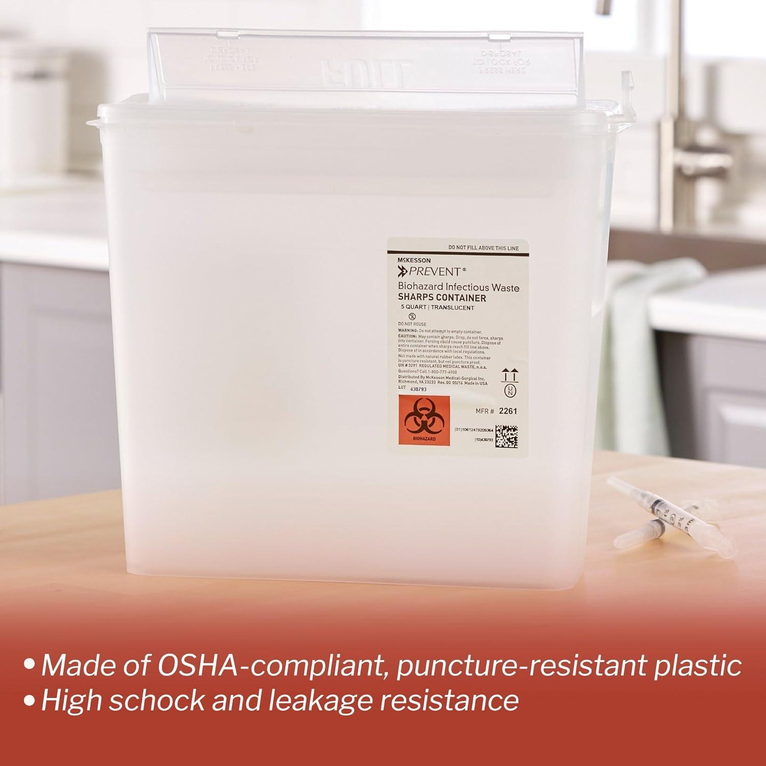 image:imageMcKesson Prevent Sharps Container for Home Use 5 Quart for Biohazard Infectious Waste Needle and Syringe Disposal Translucent Touchless Lid White 1 Count