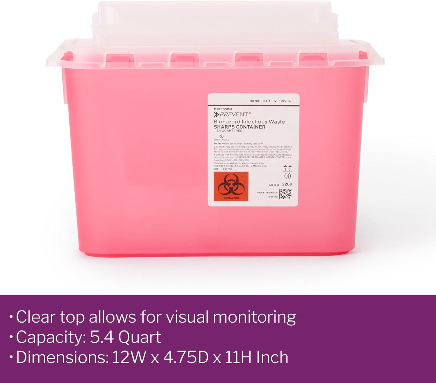 image:imageMcKesson Prevent Sharps Container for Home Use 54 Quart for Biohazard Infectious Waste Needle and Syringe Disposal Translucent Touchless Lid Red 1 Count