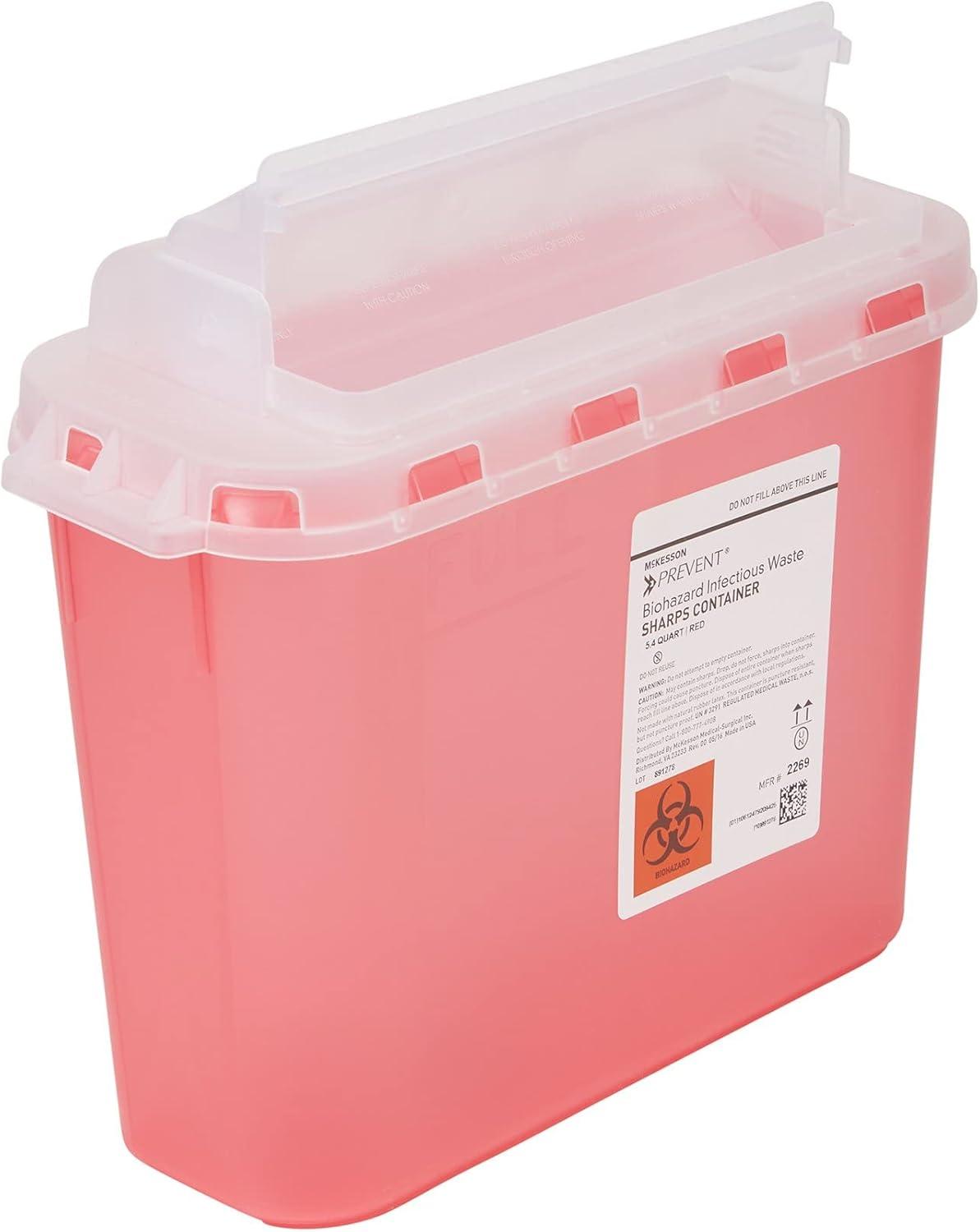 image:imageMcKesson Prevent Sharps Container for Home Use 54 Quart for Biohazard Infectious Waste Needle and Syringe Disposal Translucent Touchless Lid Red 1 Count