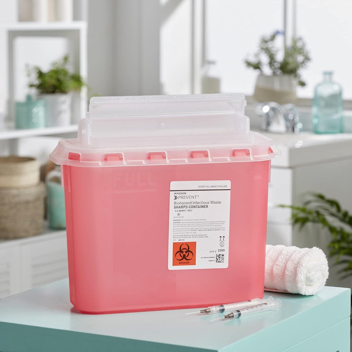 image:imageMcKesson Prevent Sharps Container for Home Use 54 Quart for Biohazard Infectious Waste Needle and Syringe Disposal Translucent Touchless Lid Red 20 Count