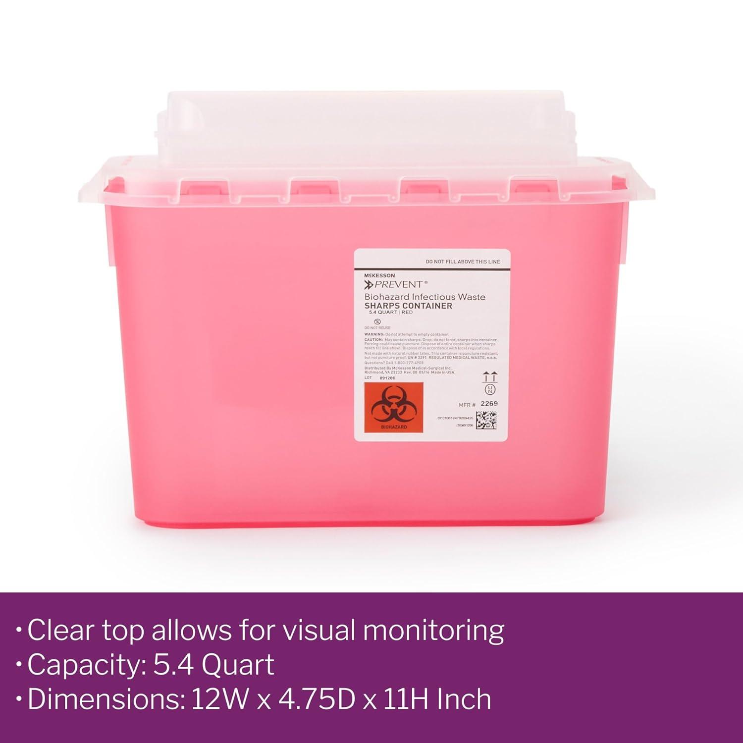 image:imageMcKesson Prevent Sharps Container for Home Use 54 Quart for Biohazard Infectious Waste Needle and Syringe Disposal Translucent Touchless Lid Red 20 Count