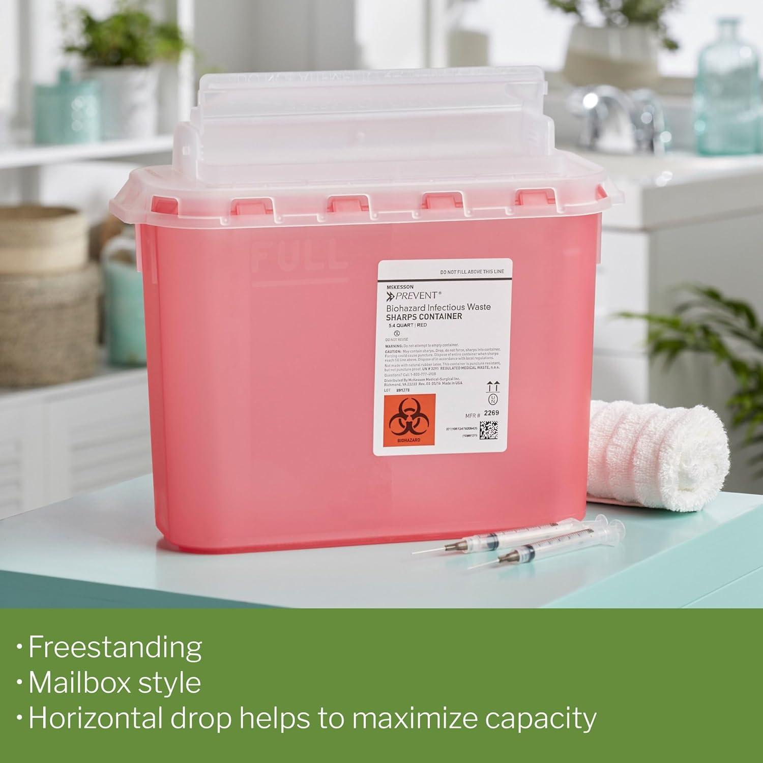 image:imageMcKesson Prevent Sharps Container for Home Use 54 Quart for Biohazard Infectious Waste Needle and Syringe Disposal Translucent Touchless Lid Red 20 Count