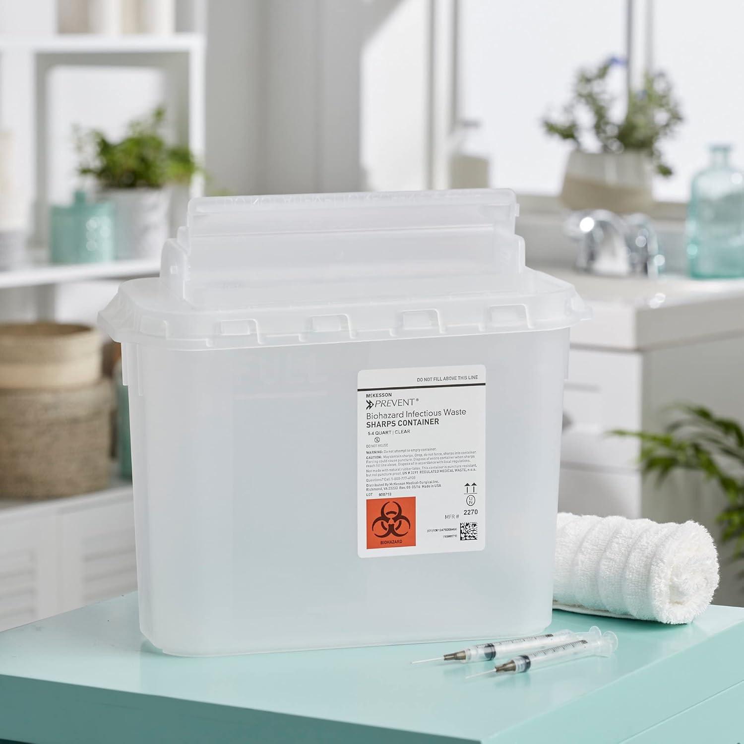 image:imageMcKesson Prevent Sharps Container for Home Use 54 Quart for Biohazard Infectious Waste Needle and Syringe Disposal Translucent Touchless Lid White 20 Count