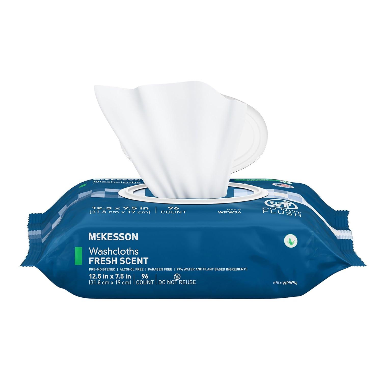 image:imageMcKesson Washcloth Wipes Unscented Disposable Wet Wipes for Adults FragranceFree AlcoholFree NoRinse Formula Snap Lid Soft Pack 96 Count 6 Packs 576 TotalScented