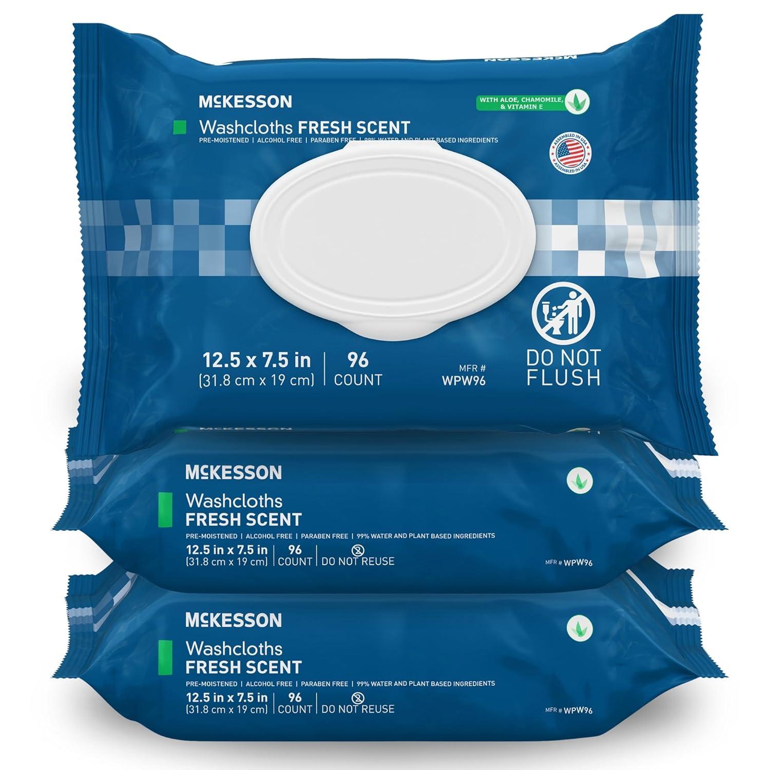 image:imageMcKesson Washcloth Wipes Unscented Disposable Wet Wipes for Adults FragranceFree AlcoholFree NoRinse Formula Snap Lid Soft Pack 96 Count 6 Packs 576 TotalScented