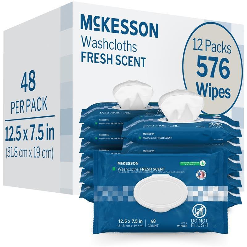 image:imageMcKesson Washcloth Wipes Unscented Disposable Wet Wipes for Adults FragranceFree AlcoholFree NoRinse Formula Snap Lid Soft Pack 96 Count 6 Packs 576 TotalScented