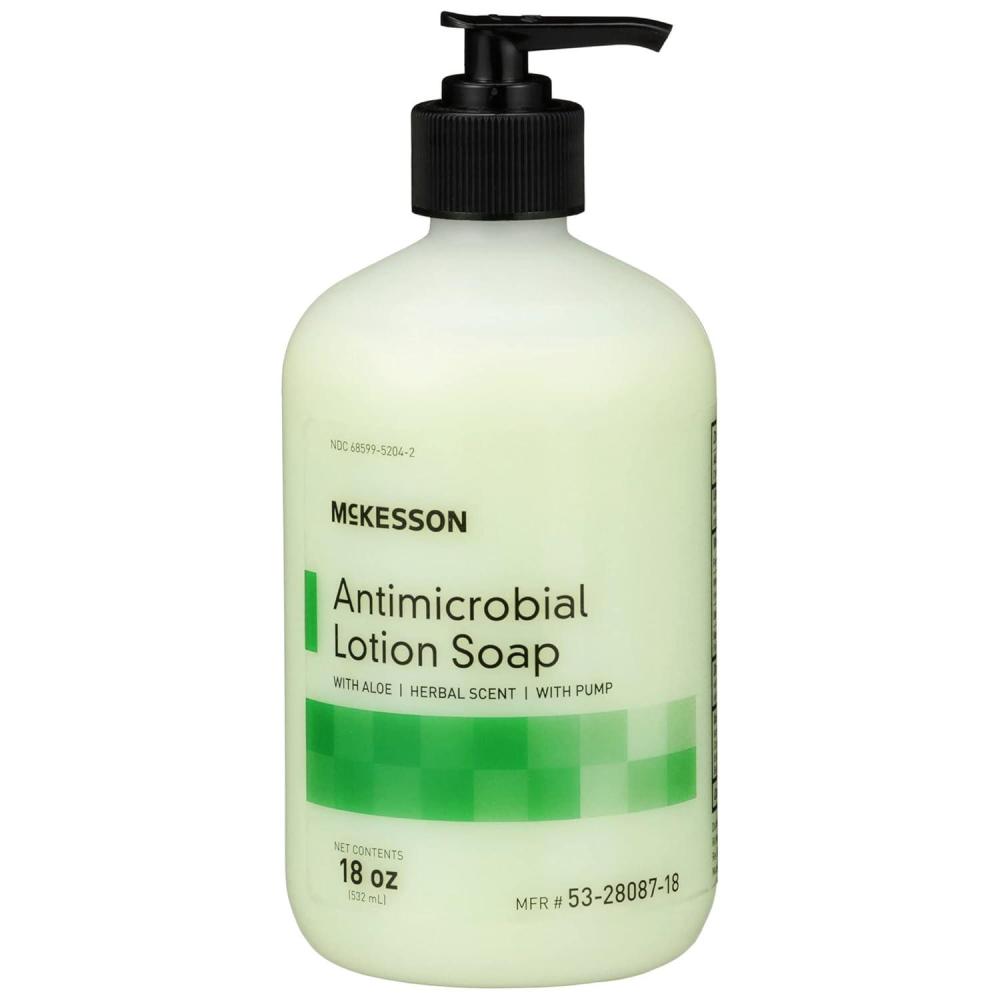 image:imageMcKesson Antimicrobial Lotion Hand Soap with Aloe 18 oz Pump Bottle Pack of 1  Herbal Scent Keeps Hands Clean and Moisturized MedicalGrade Soap