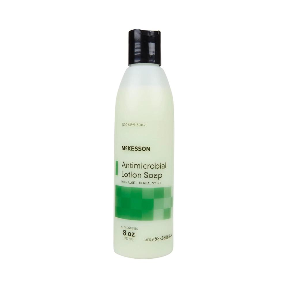 image:imageMcKesson Antimicrobial Lotion Hand Soap with Aloe 8 oz Pump Bottle Pack of 48 Bulk Herbal Scent Keeps Hands Clean and Moisturized MedicalGrade Soap