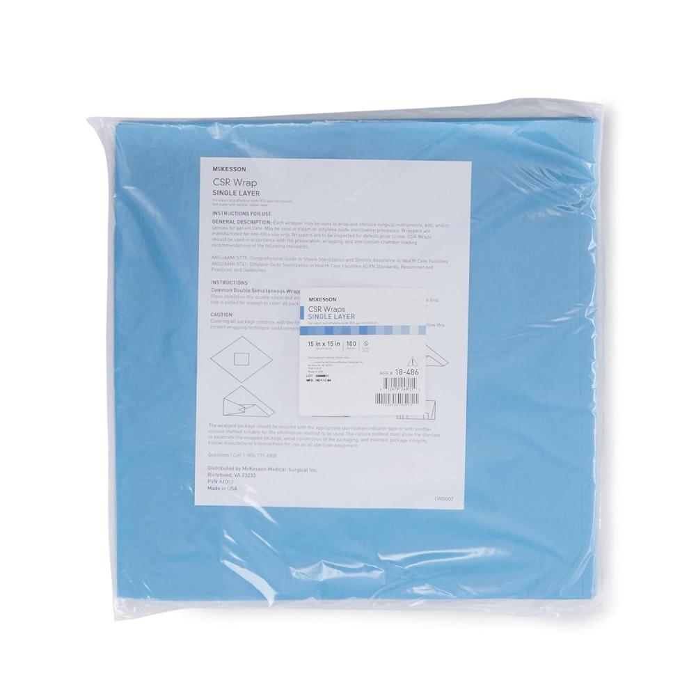 image:imageMcKesson CSR Sterilization Wrap for Medical Supplies Nail Technicians Tattoo Tools Air and Water Barrier Blue Cellulose 15 in x 15 in 100 Count 1 Pack