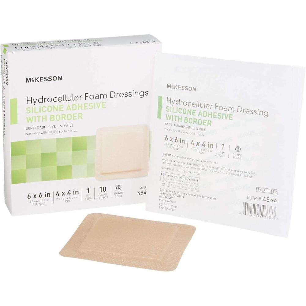 image:imageMcKesson Hydrocellular Foam Dressings Sterile Silicone Adhesive with Border Dimension 6 in x 6 in Pad 4 in x 4 in 10 Count 1 Pack