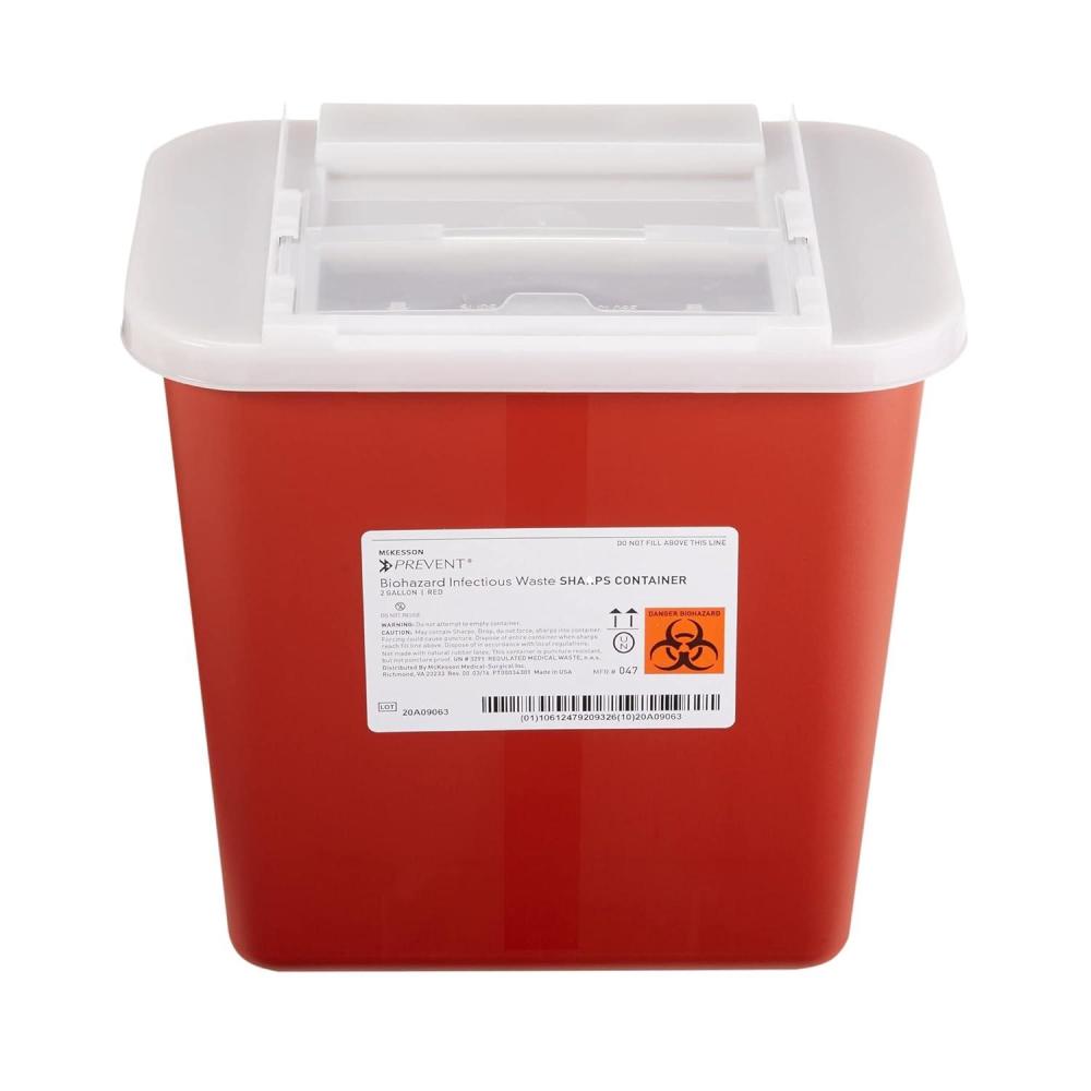 image:imageMcKesson Prevent Biohazard Infectious Waste Sharps Container Plastic Horizontal Entry Translucent Sliding Lid Red 2 gal 7 in x 10 12 in x 10 14 in 20 Count