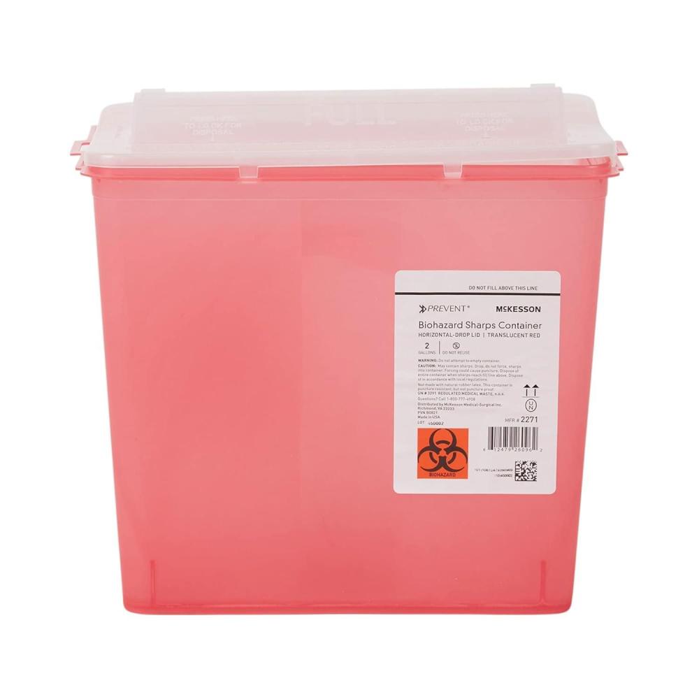 image:imageMcKesson Prevent Sharps Container for Home Use 2 Gallon for Biohazard Infectious Waste Needle and Syringe Disposal Translucent Touchless Lid Red 1 Count