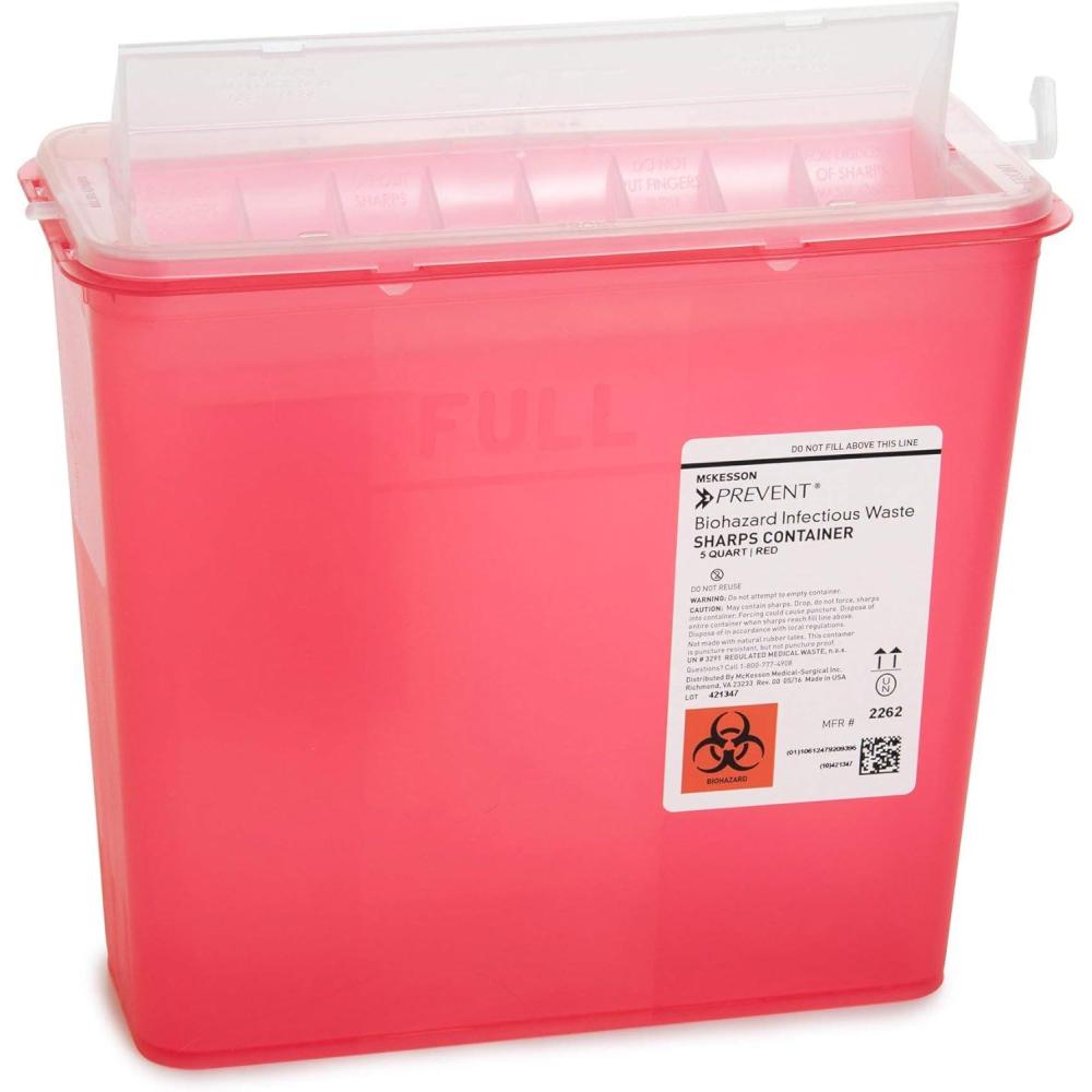 image:imageMcKesson Prevent Sharps Container for Home Use 5 Quart for Biohazard Infectious Waste Needle and Syringe Disposal Translucent Touchless Lid Red 20 Count