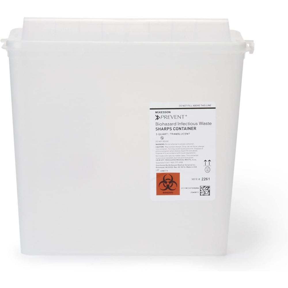 image:imageMcKesson Prevent Sharps Container for Home Use 5 Quart  for Biohazard Infectious Waste Needle and Syringe Disposal  Translucent Touchless Lid  White 1 Count