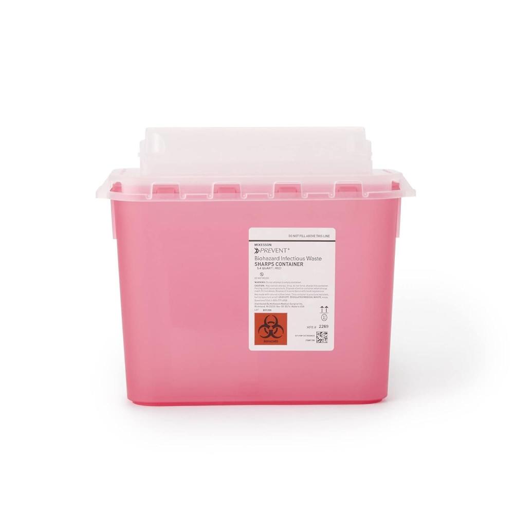 image:imageMcKesson Prevent Sharps Container for Home Use 54 Quart  for Biohazard Infectious Waste Needle and Syringe Disposal  Translucent Touchless Lid  Red 20 Count