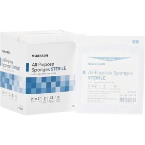 McKesson All Purpose Sponges, Sterile, 4-Ply, 100% Cotton, 2 in x 2 in, 2 per Pack, 25 Packs, 50 Total