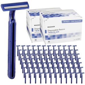 McKesson Disposable Razors [50 Count] – Twin Blade Bulk Shaving Razors for Men & Women, Stainless Steel, Blue, Single-Use for Medical Clinics, Tattoo, Travel, Camping & Salon Care(1 Count (Pack of 100))