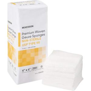 McKesson Premium Woven Gauze Sponges, 12-Ply Non-Sterile, USP Type VII, 100% Cotton, 4 in x 4 in, 200 per Pack, 10 Packs, 2000 Total