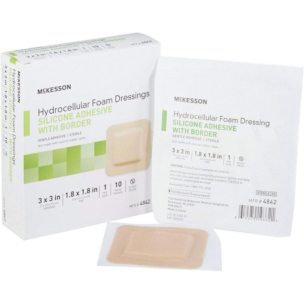 image:imageMcKesson Hydrocellular Foam Dressings Sterile Silicone Adhesive with Border Dimension 3 in x 3 in Pad 1 45 in x 1 45 in 10 Count 20 Packs 200 Total