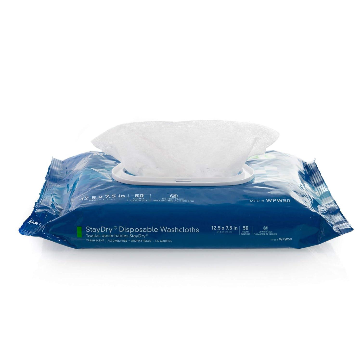 image:imageMcKesson StayDry Disposable Wipe 12 Pack 600 Washcloths Large Adult Body and Incontinence Washcloths with Aloe and Vitamin E AlcoholFree 50 Wipes Per PackAloe Vera
