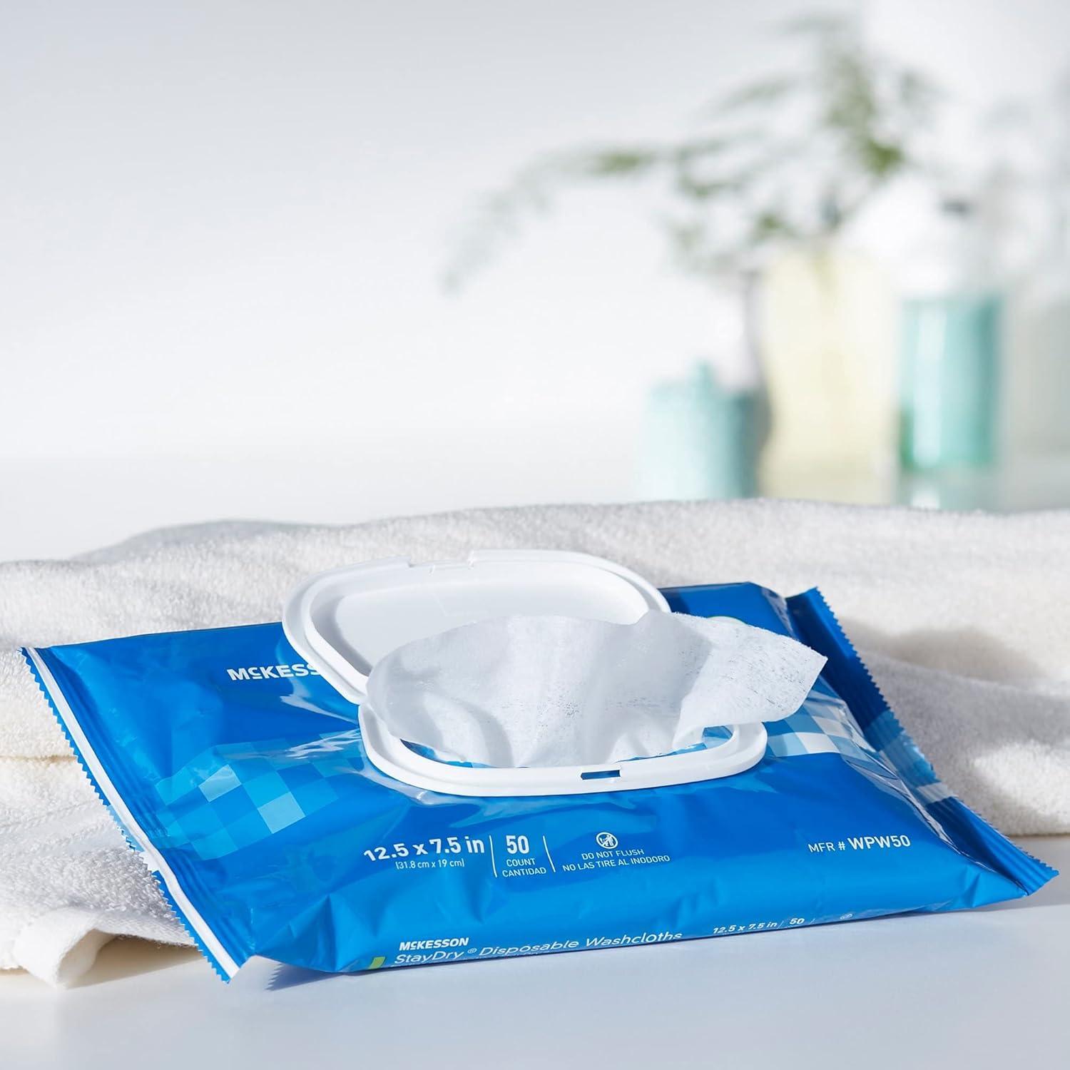 image:imageMcKesson StayDry Disposable Wipe 12 Pack 600 Washcloths Large Adult Body and Incontinence Washcloths with Aloe and Vitamin E AlcoholFree 50 Wipes Per PackAloe Vera