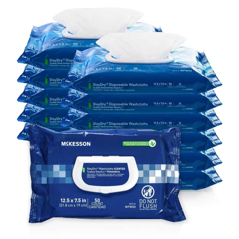 image:imageMcKesson StayDry Disposable Wipe 12 Pack 600 Washcloths Large Adult Body and Incontinence Washcloths with Aloe and Vitamin E AlcoholFree 50 Wipes Per PackAloe Vera