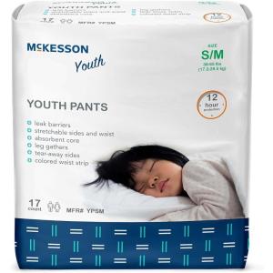 McKesson Youth Pants, Overnight Pediatric Pull Up Pants for Boys or Girls, Disposable Training Pant, 12 Hour Protection – Size Small/Medium, 38-65 lbs, 17 Count, 1 Pack, White