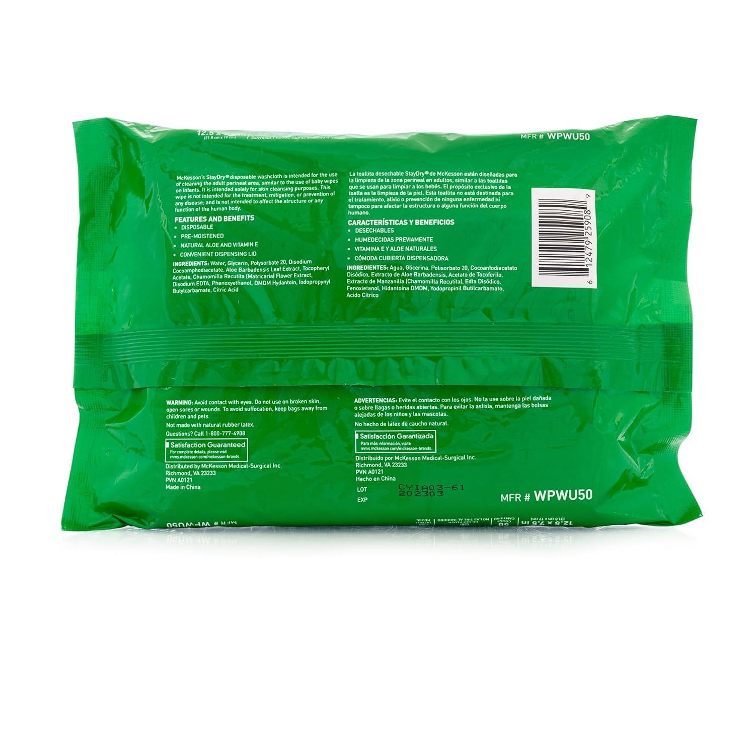 image:imageMcKesson StayDry Disposable Wipe Large Adult Body and Incontinence Washcloths with Aloe and Vitamin E Unscented 50 Wipes Per Pack