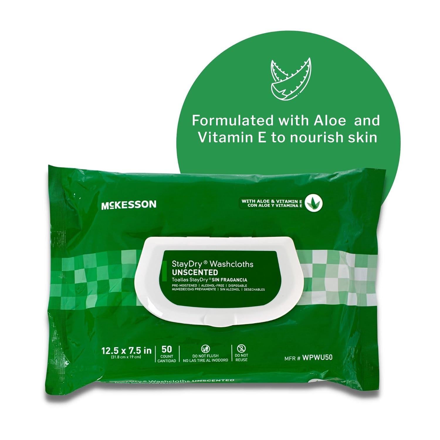 image:imageMcKesson StayDry Disposable Wipe Large Adult Body and Incontinence Washcloths with Aloe and Vitamin E Unscented 50 Wipes Per Pack