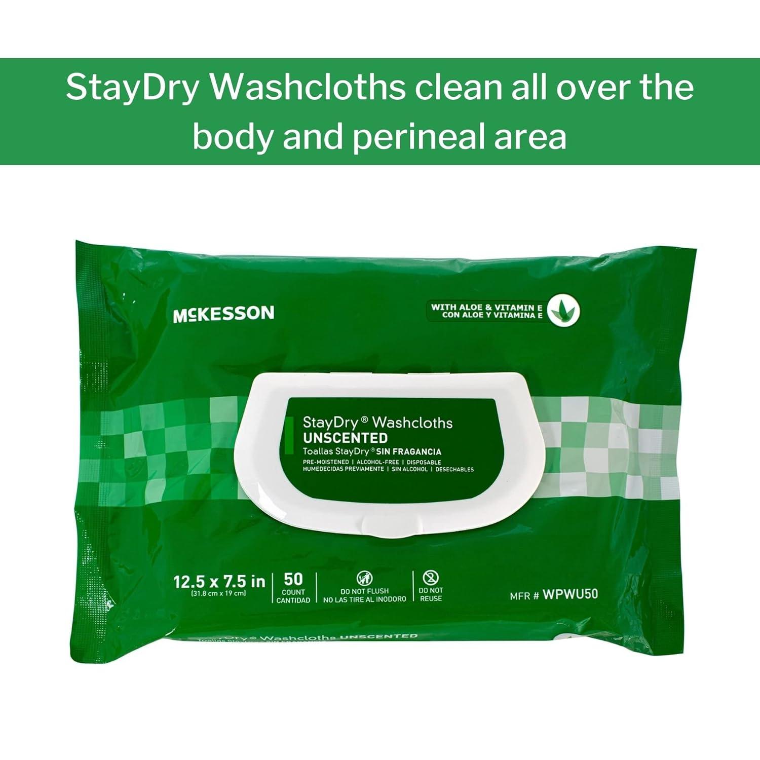 image:imageMcKesson StayDry Disposable Wipe Large Adult Body and Incontinence Washcloths with Aloe and Vitamin E Unscented 50 Wipes Per Pack