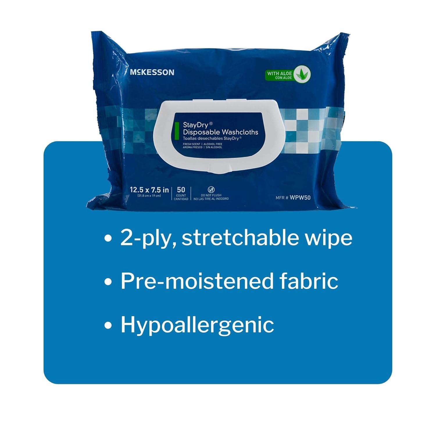 image:imageMcKesson StayDry Disposable Wipe 6 Pack 300 Washcloths Large Adult Body and Incontinence Washcloths with Aloe and Vitamin E AlcoholFree 50 Wipes Per Pack