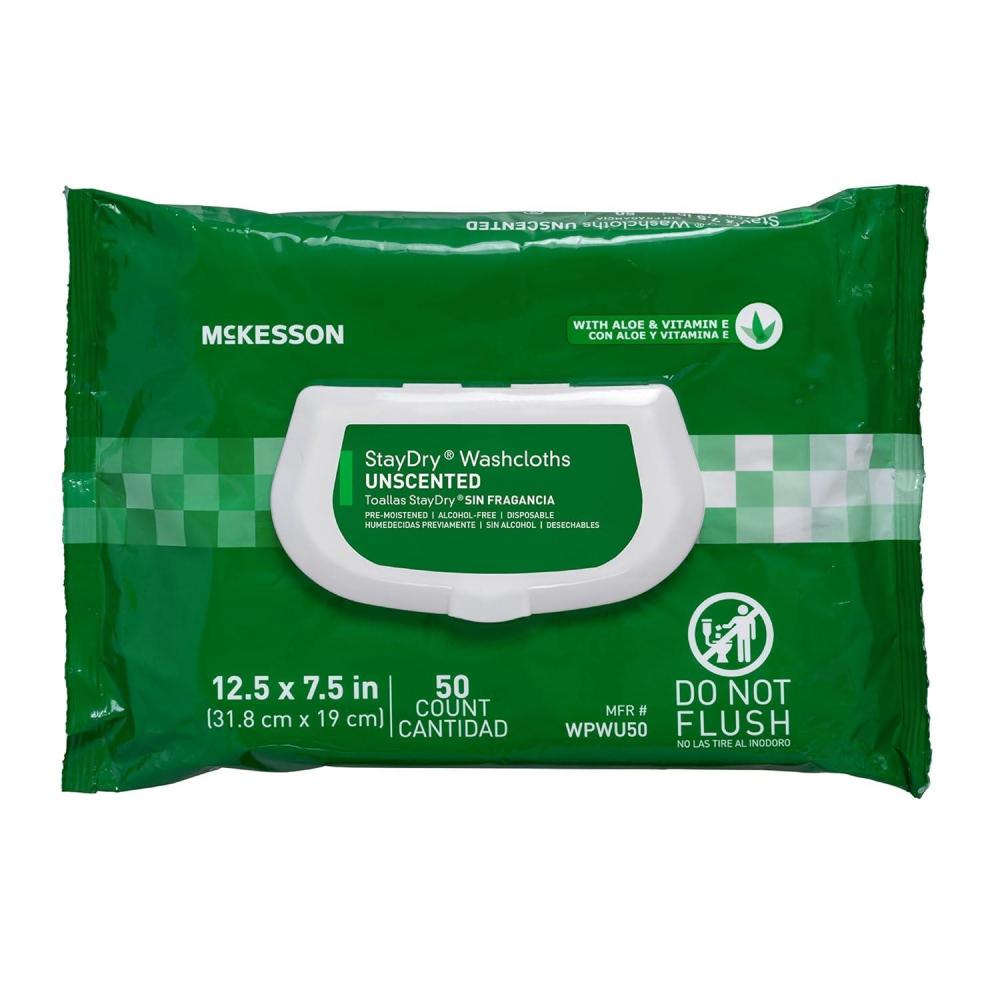 image:imageMcKesson StayDry Disposable Wipe Large Adult Body and Incontinence Washcloths with Aloe and Vitamin E Unscented 50 Wipes Per Pack