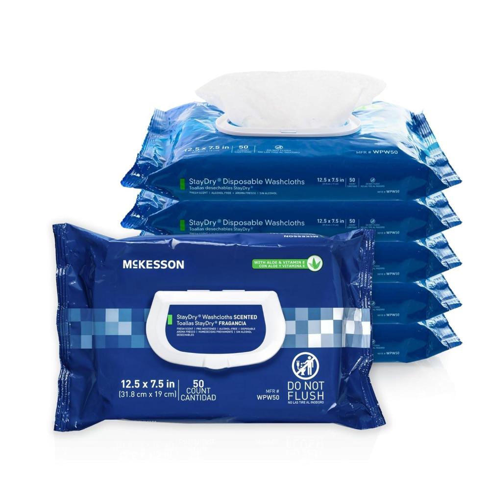 image:imageMcKesson StayDry Disposable Wipe 6 Pack 300 Washcloths Large Adult Body and Incontinence Washcloths with Aloe and Vitamin E AlcoholFree 50 Wipes Per Pack