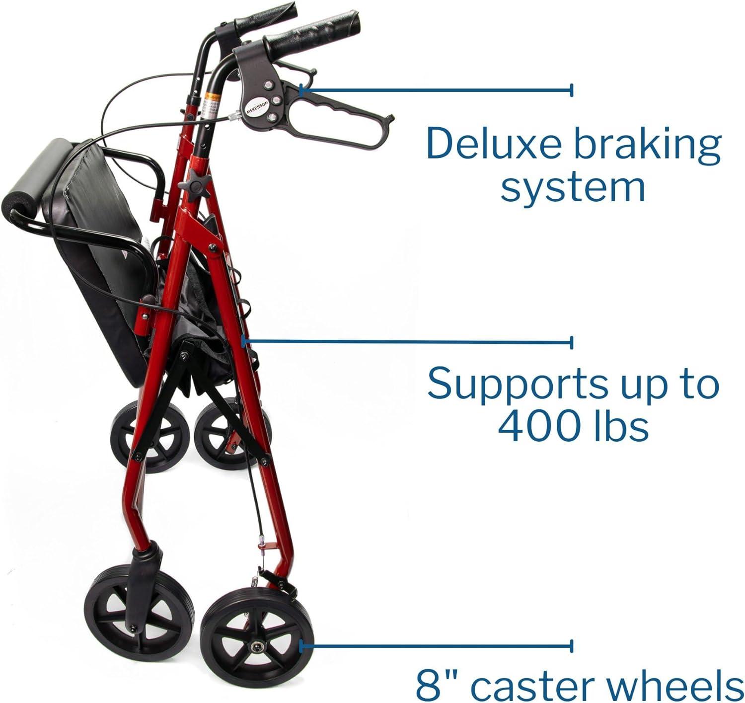 image:imageMcKesson Rollator Walker with Seat and Wheels Bariatric Steel 400 lbs Weight Capacity Red 1 Count