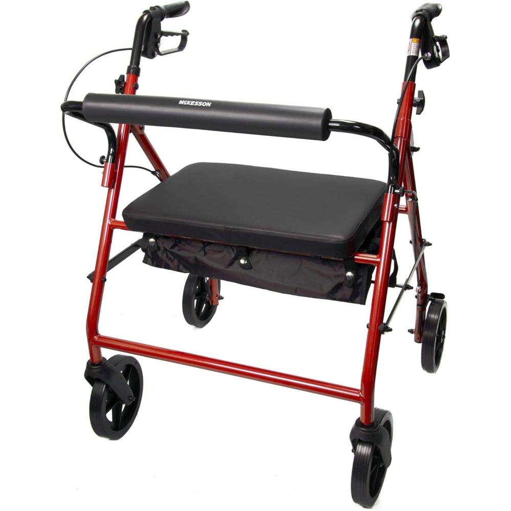 image:imageMcKesson Rollator Walker with Seat and Wheels Bariatric Steel 400 lbs Weight Capacity Red 1 Count